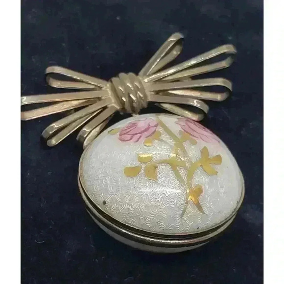 Vintage Brooch Double Locket Guilloche Roses NOS Ball & Ribbon Bow 12k Gold GE - Picture 7 of 10